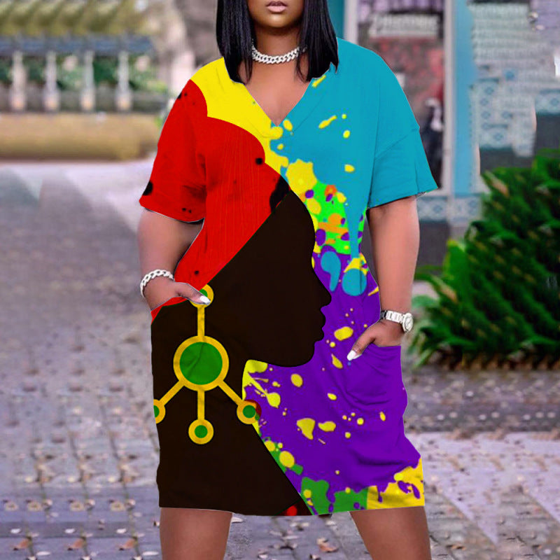 Women Casual Graffiti Printed Vintage 3D Pocket Loose Plus Size Dress