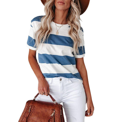 Camiseta informal básica de manga corta con cuello redondo y estampado de rayas azules para mujer