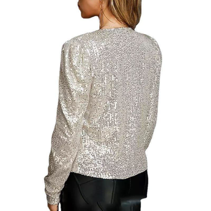 Chaqueta informal elegante de manga larga con lentejuelas de color liso a la moda para mujer