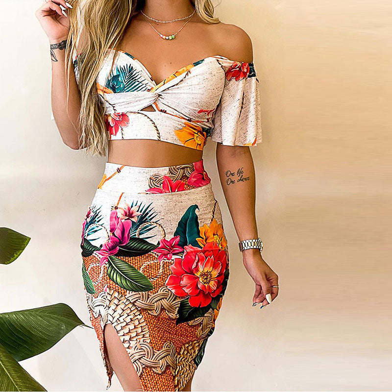 Conjunto de top corto de manga corta con hombros descubiertos y falda con abertura para mujer, estampado floral, informal, a la moda, para vacaciones
