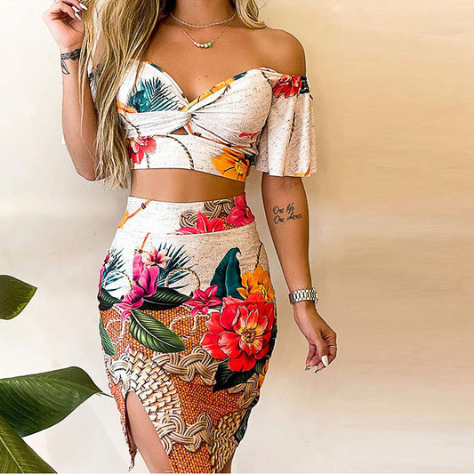 Women Casual Fashion Vacation Floral Printed Tight Off-Shoulder Short-Sleeved Crop Top Slit Skirt Set