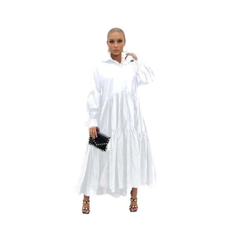 Women Solid Color Casual Loose Lapel Long Sleeve Shirt Maxi Dress