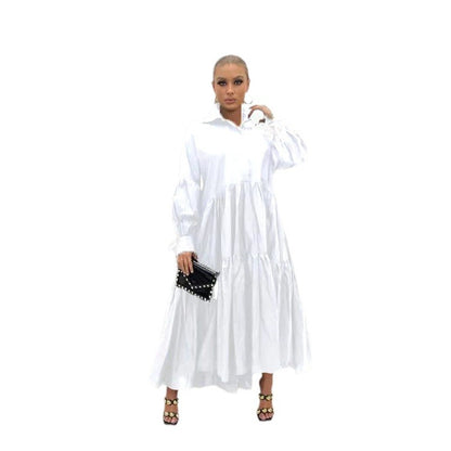 Women Solid Color Casual Loose Lapel Long Sleeve Shirt Maxi Dress