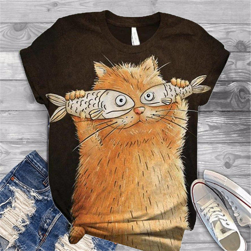 Camiseta informal holgada de talla grande para mujer, de manga corta, cuello redondo, con estampado 3D de dibujos animados