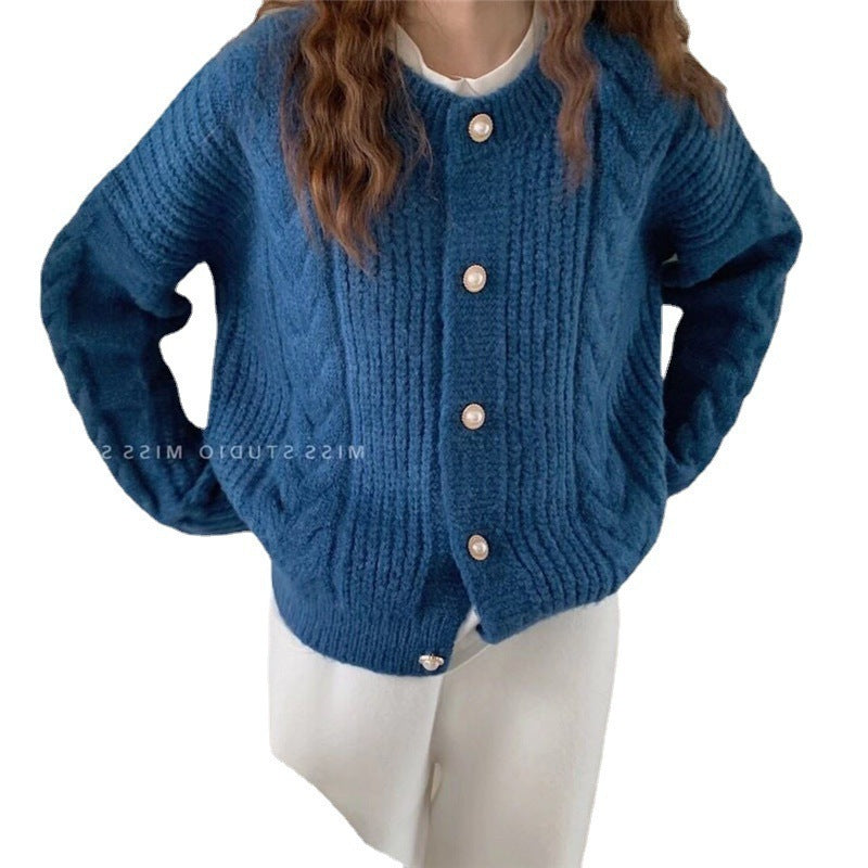 Suéter tipo cárdigan liso de manga larga con cuello redondo y tejido trenzado para mujer, informal, de invierno