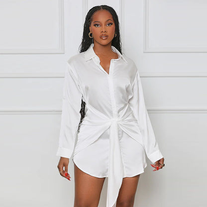 Women Fashion Casual Solid Color Long Sleeve Defined Waist Lapel Shirt Dress