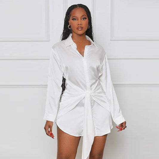 Women Fashion Casual Solid Color Long Sleeve Defined Waist Lapel Shirt Dress