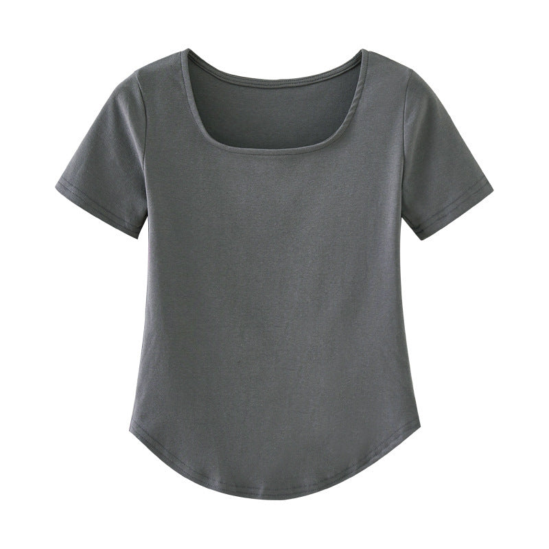 Camiseta informal de manga corta con cuello en U y color liso para mujer