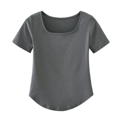 Camiseta informal de manga corta con cuello en U y color liso para mujer