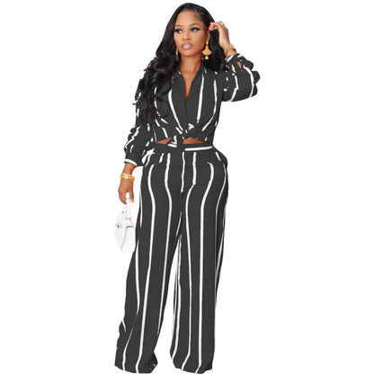 Women Stripe Print Long Sleeve Shirt Blouse Top And Wide Leg Pants Casual Two-Piece Set