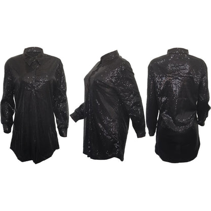Women Fashion Casual Loose Solid Color Sequin Lapel Long Shirt Blouse