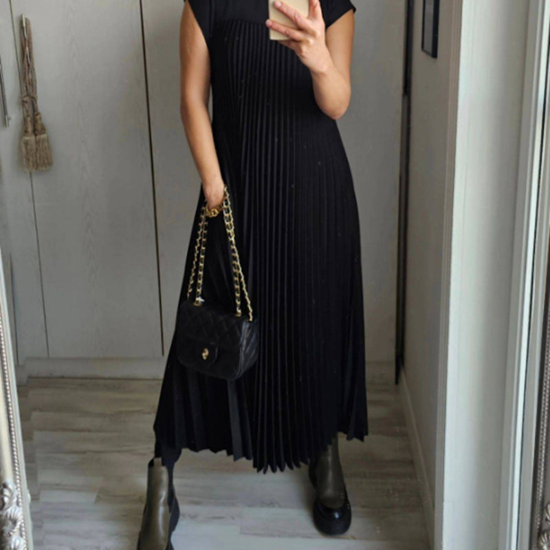 Women Fashion Casual Round Neck Short Sleeve Pleated Maxi Dress