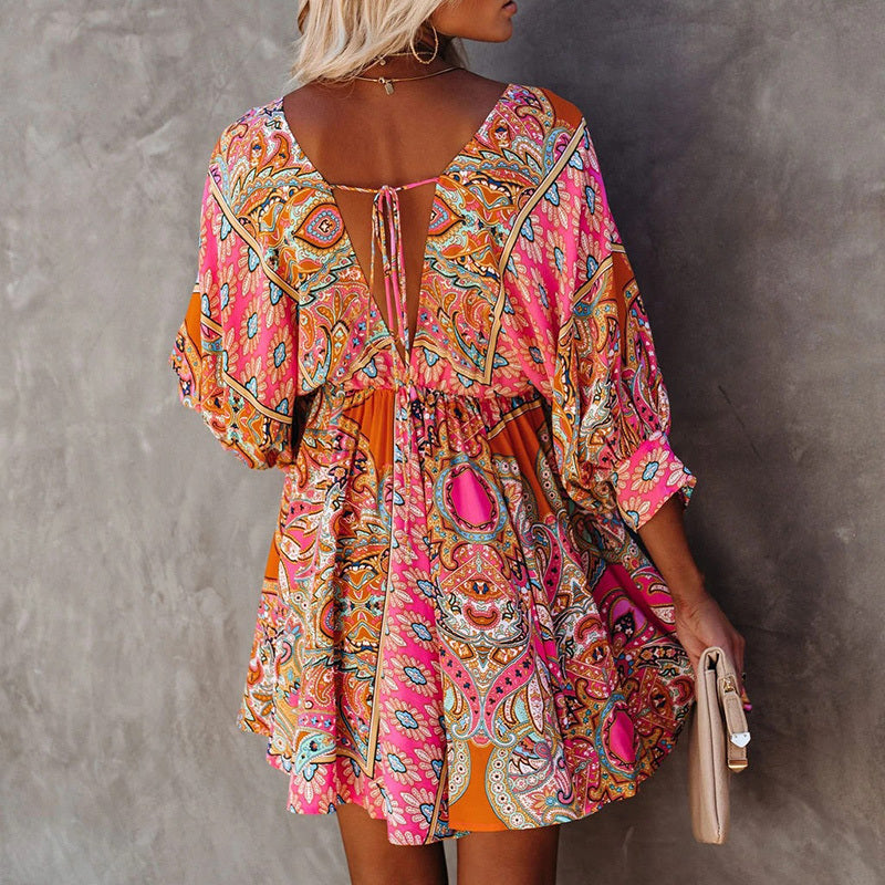 Bohemian Women Elegant Vintage Spring Casual V Neck Ruffled Long Flare Sleeves Mini Dress