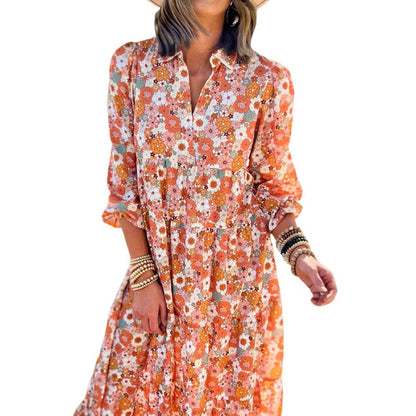 Vacation Women Boho Floral Print Casual Midi Long Sleeve Dress