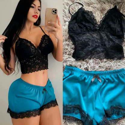 Pijama de satén con encaje informal y cómodo para mujer