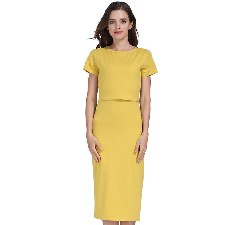 Summer Pregnant Women Casual Solid Color Elastic Slim Round Neck Short Sleeve Nursing Dress