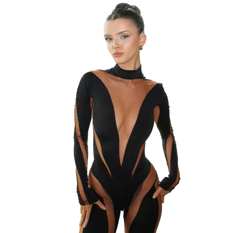 Summer Women Sexy Casual Mesh Stitching High Waist Long Sleeve Tight Bodysuit