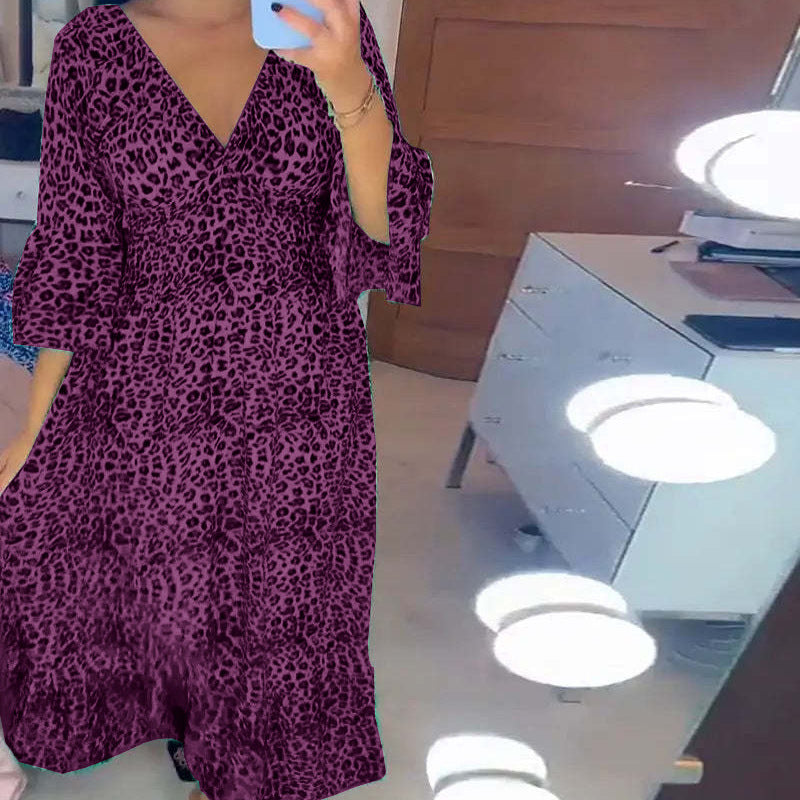Vestido largo informal holgado estilo bohemio para mujer, elegante, de otoño, con escote en V profundo y estampado de leopardo para vacaciones en la playa