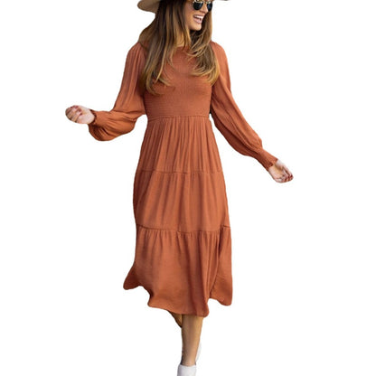 Vestido midi liso con mangas abullonadas y cuello redondo vintage informal para mujer de otoño e invierno