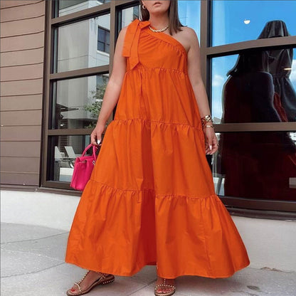 Women Fashion Casual Irregular One Shoulder Solid Color Loose Maxi Dress