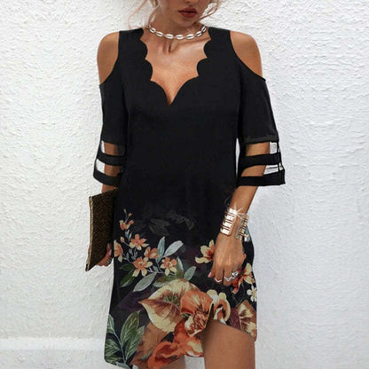 Vestido mini holgado informal de verano para mujer, elegante, de manga corta, con escote en V y hombros descubiertos, de malla y retazos