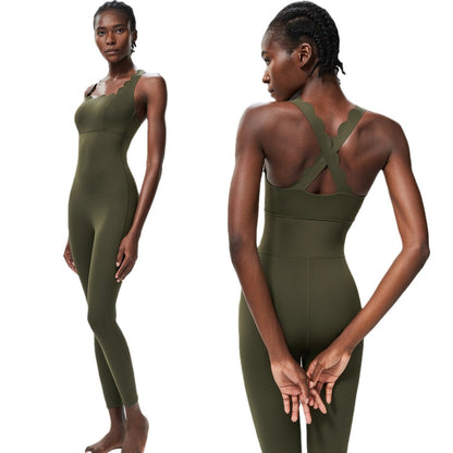 Women Simple Casual Solid Color Cross Wave Edge Sports Tight Yoga Jumpsuits
