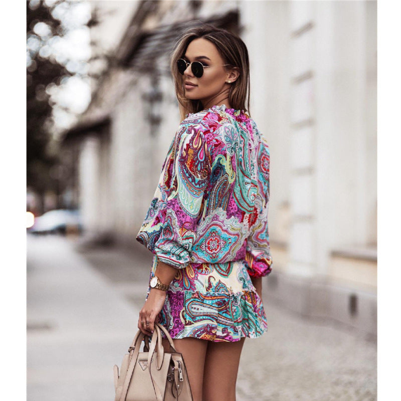 Fashion Casual Women Floral Paisley Printed Long-Sleeved Ruffled Dress