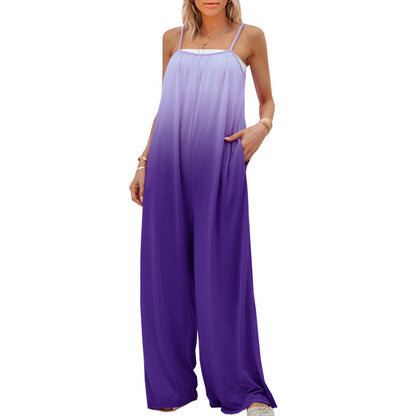 Summer Vacation Women Casual Gradient Loose Sleeveless High Waist Strap Jumpsuit