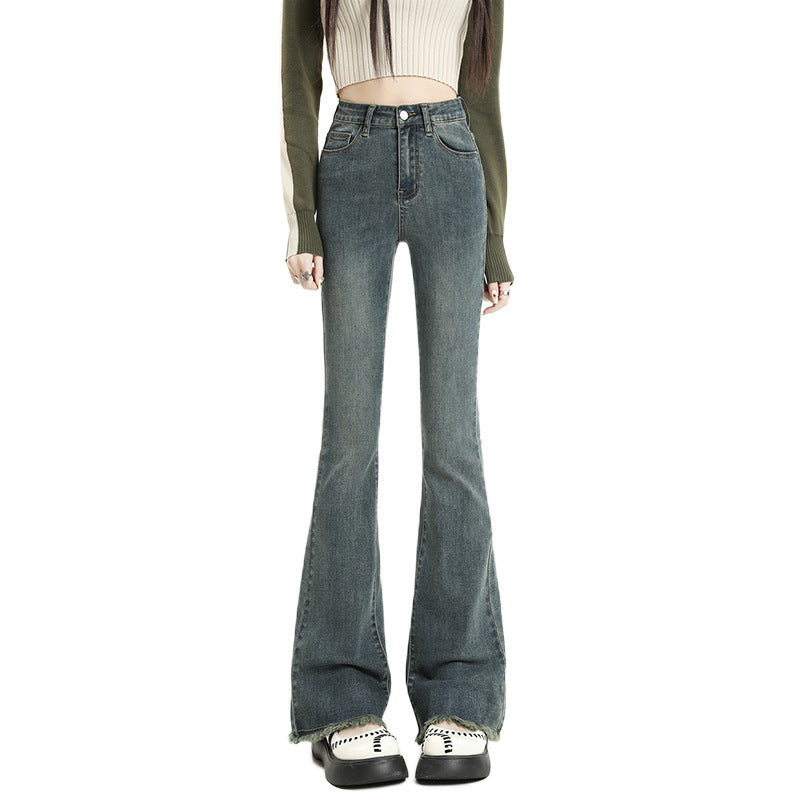 Vaqueros acampanados de mezclilla con dobladillo sin rematar, de color liso, informales, a la moda para mujer
