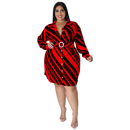 Plus Size Women Casual Autumn Long-Sleeved Diagonal Stripe Shirt Dress