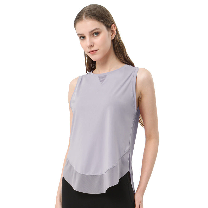 Women Casual Loose Solid Color Round Neck Sleeveless Mesh Spliced Sports Tank Top
