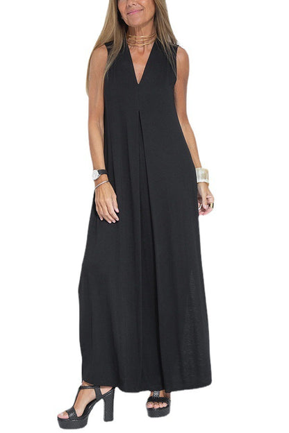 Women Casual Solid Color V-Neck Sleeveless Maxi Dress