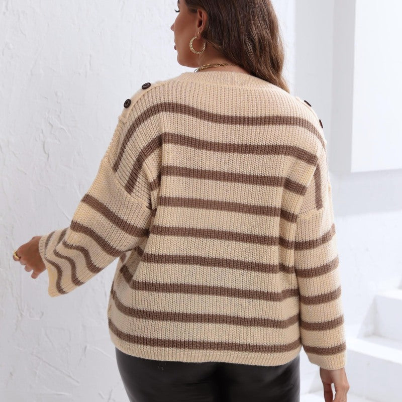 Suéter de punto con cuello redondo y rayas para mujer, informal, de talla grande, para invierno y otoño
