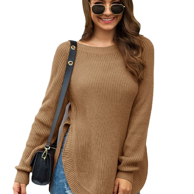 Suéter informal de manga larga con cuello redondo y color liso para mujer de otoño e invierno