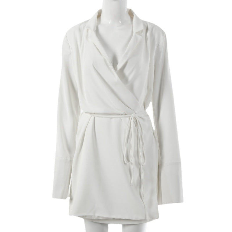 Women Solid Color Lapel V-Neck Long Sleeve Chiffon Waist Loose Casual Dress