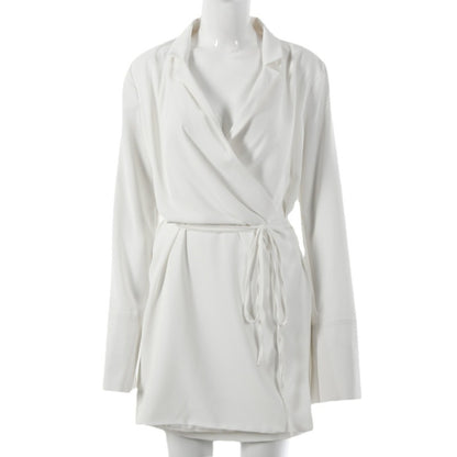 Women Solid Color Lapel V-Neck Long Sleeve Chiffon Waist Loose Casual Dress