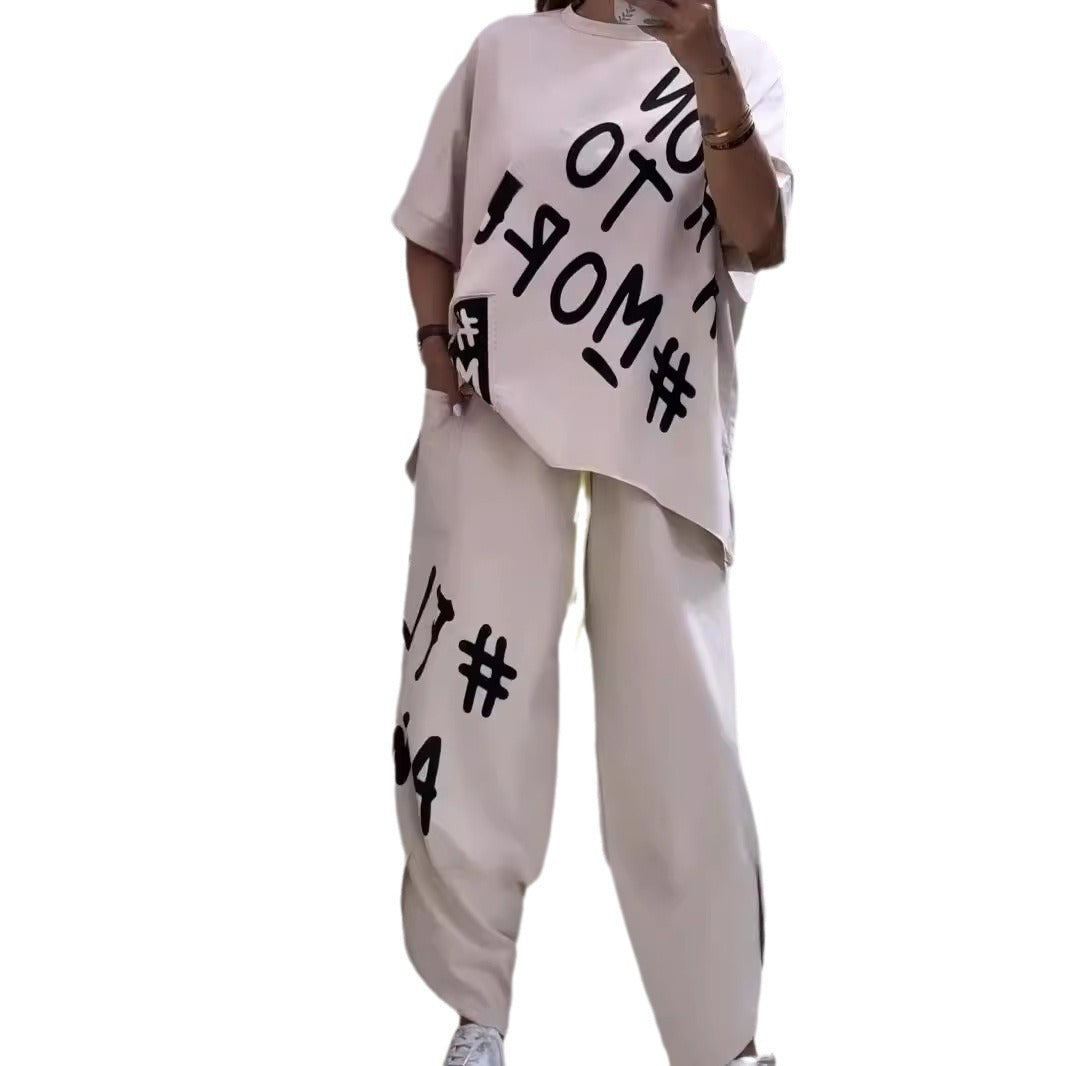Conjunto de dos piezas de top y pantalón de manga corta con cuello redondo y estampado de letras para mujer