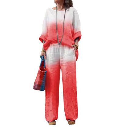 Conjunto de dos piezas de verano para mujer, informal, con degradado, manga larga, pantalones anchos y parte superior
