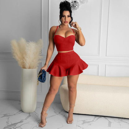 Women Casual Solid Color Slim Fit Vest Top And Ruffle Shorts Two Pieces Suit
