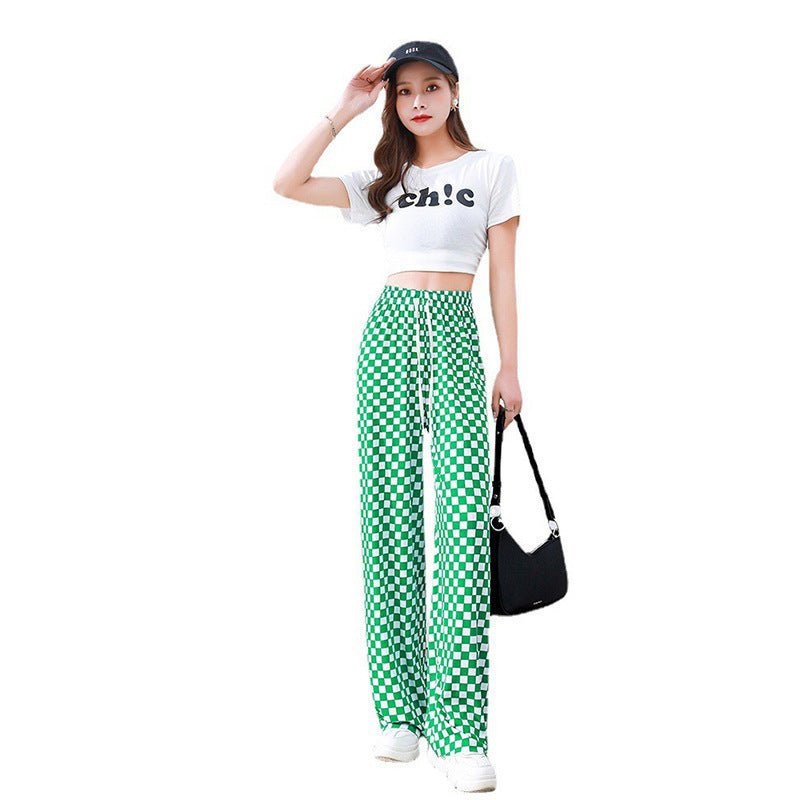 Women Casual Checkerboard Printed Loose Wide-Leg Pants