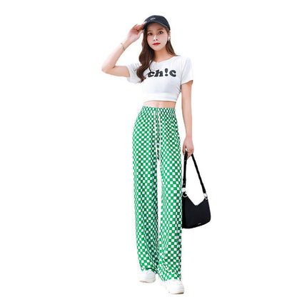 Women Casual Checkerboard Printed Loose Wide-Leg Pants
