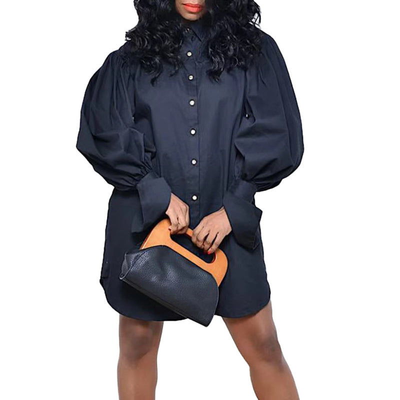 Women Plus Size Loose Puff Sleeve Solid Color Casual Single Breasted Long Sleeve Shirt Dress