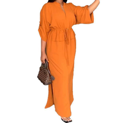 Women Solid Color Long Sleeve Stand Collar Waist Slit Loose Casual Long Dress
