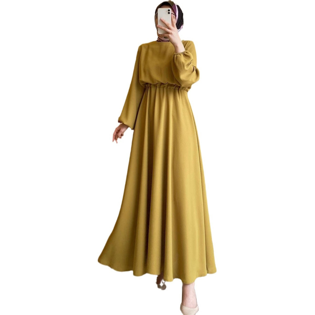 Women Casual Solid Color Abaya Long Sleeve Maxi Dress