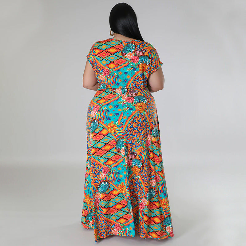 Women Casual Loose Boho Floral Printed V- Neck Short Sleeve Defined Waist Front Split Dress
