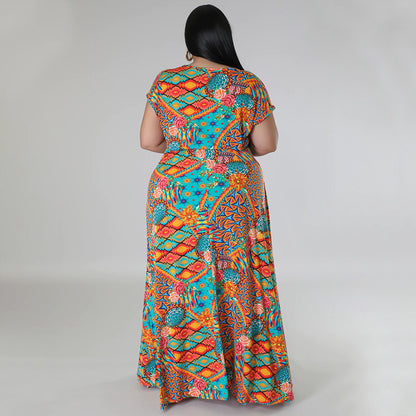 Women Casual Loose Boho Floral Printed V- Neck Short Sleeve Defined Waist Front Split Dress