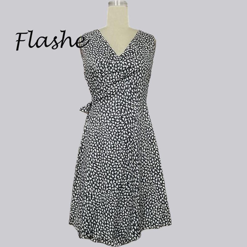Women Elegant Casual Polka Dot V Neck Sleeveless Bandage Beach Summer Bohemian Plus Size Dress