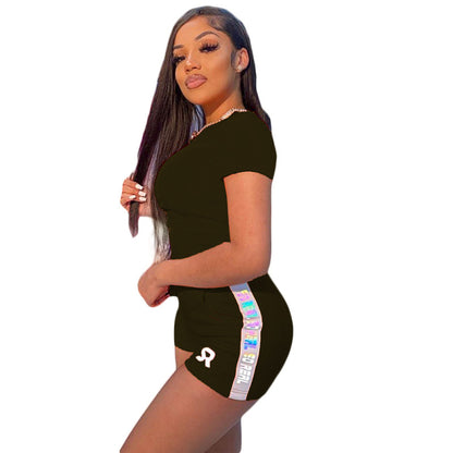 Women Fashion Athleisure Solid Color Shor Tsleeve T-Shirt Shorts Casual Sports Set