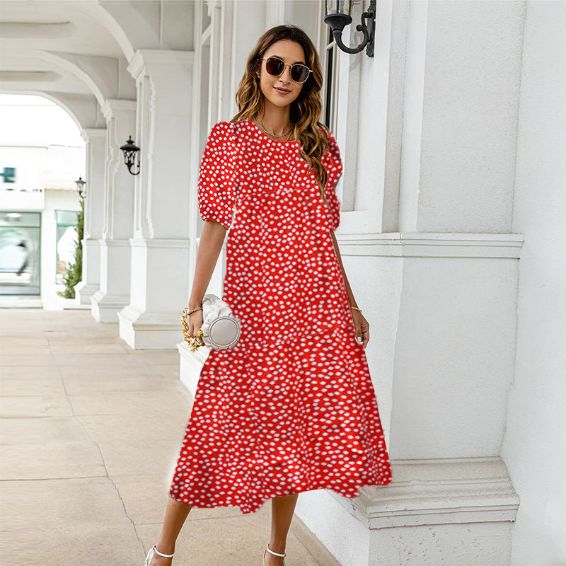 Summer Women Casual Bohemian Short Sleeves Polka Dot Print Loose Ruffle Dress
