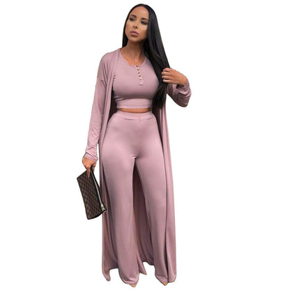 Conjunto casual de tres piezas con top y pantalón de color liso para mujer